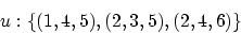 \begin{displaymath}
u: \{(1,4,5),(2,3,5),(2,4,6)\}
\end{displaymath}